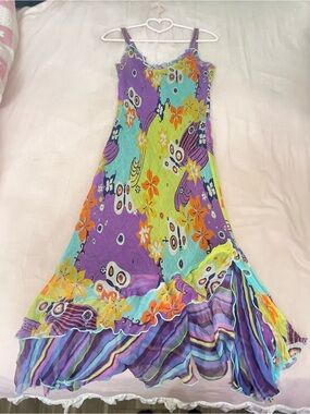 Y2K Vintage Euro Inspired Fairy Floral Silk Dress in Purple, Teal & Yellow